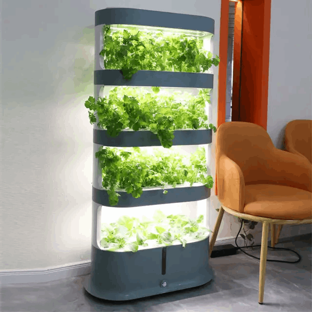 4 Layers 64 Pots Smart Hydroponic System for indoor gardening with LED lights and remote control.