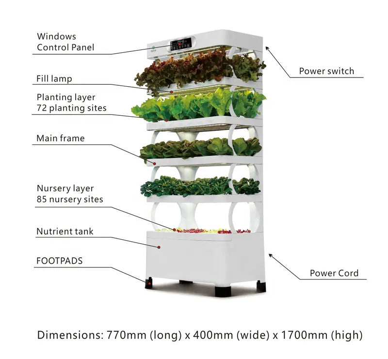 5 Layers 157 Pots Smart Hydroponic System with LED grow lights, control panel, nursery and planting layers; dimensions 770mm x 400mm x 1700mm.