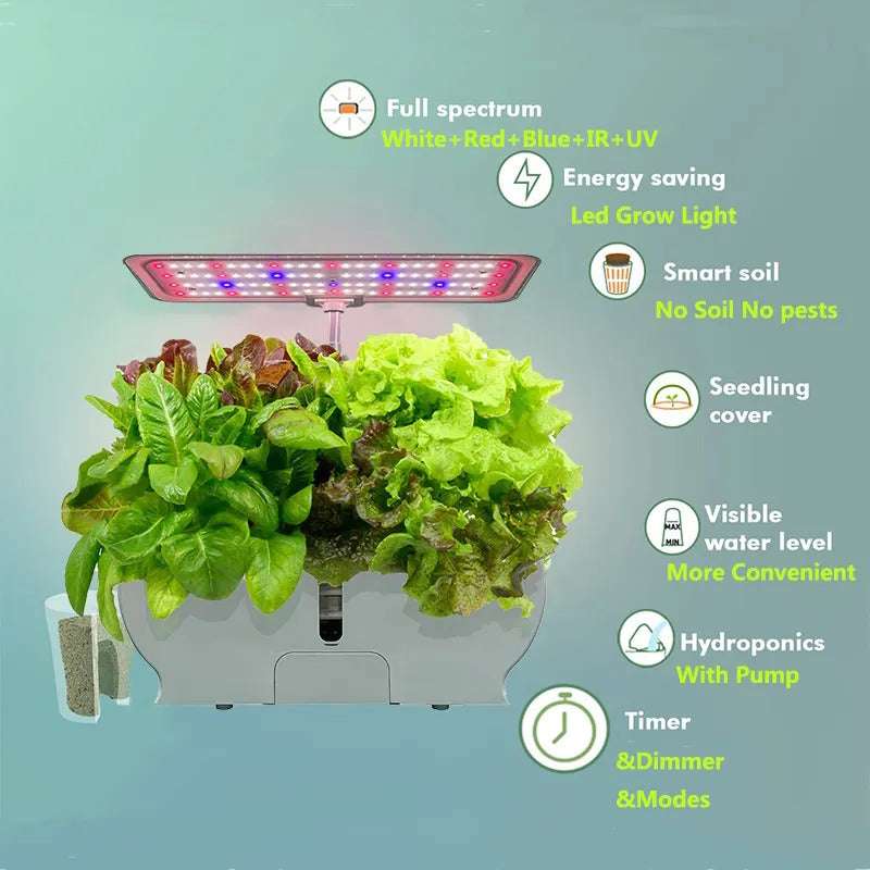 Smart hydroponic system with LED grow light and lush plants in a compact 9-pot design for indoor gardening.