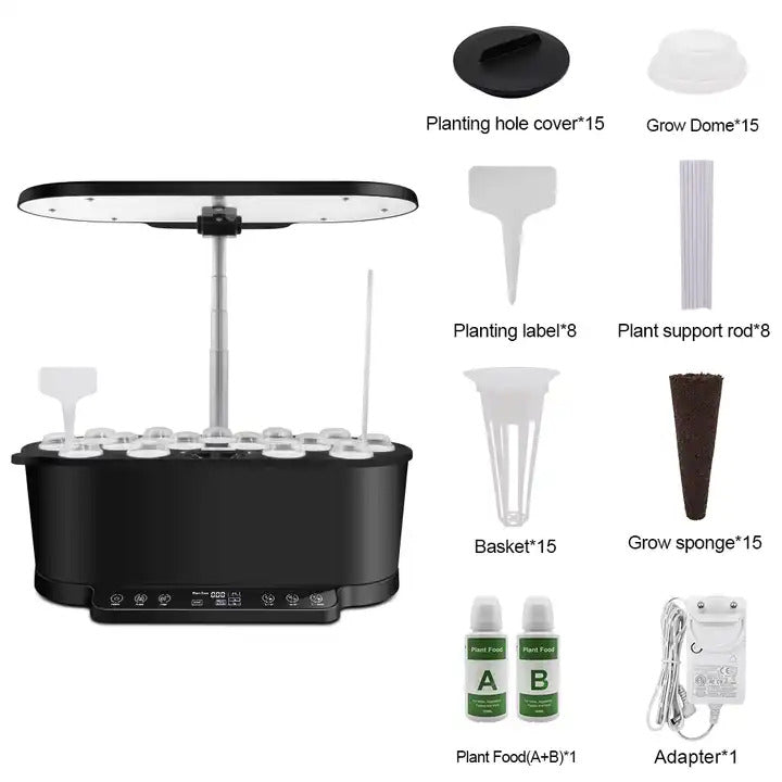 15 Pots Smart Desktop Hydroponic System with LED grow light, water pump, and plant accessories.