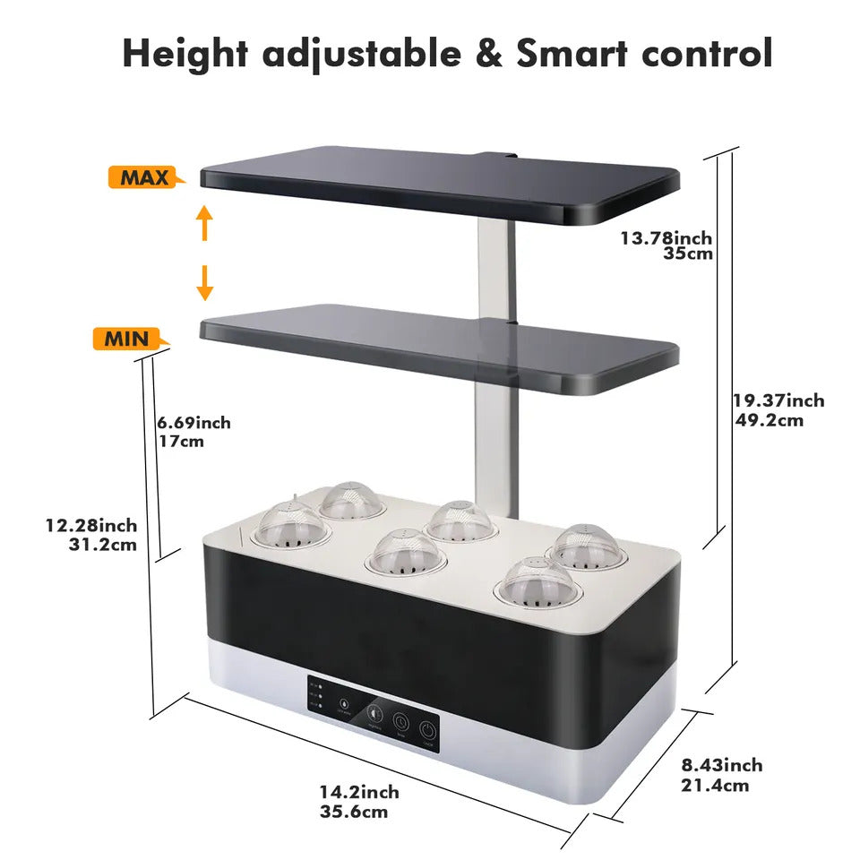 6 Pots Hydroponic Smart System with adjustable height and LED grow light for indoor gardening.