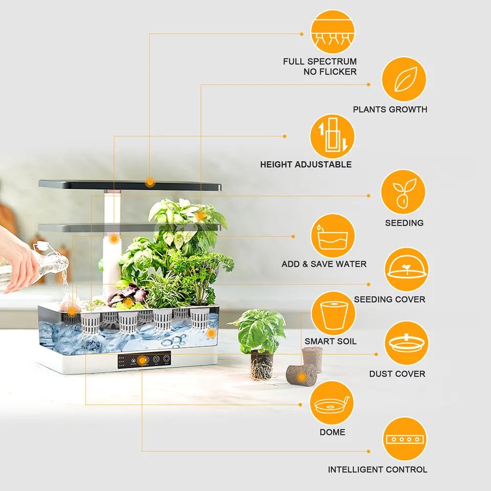 Hydroponic smart system with LED grow light, six pots, and automated controls for indoor gardening.