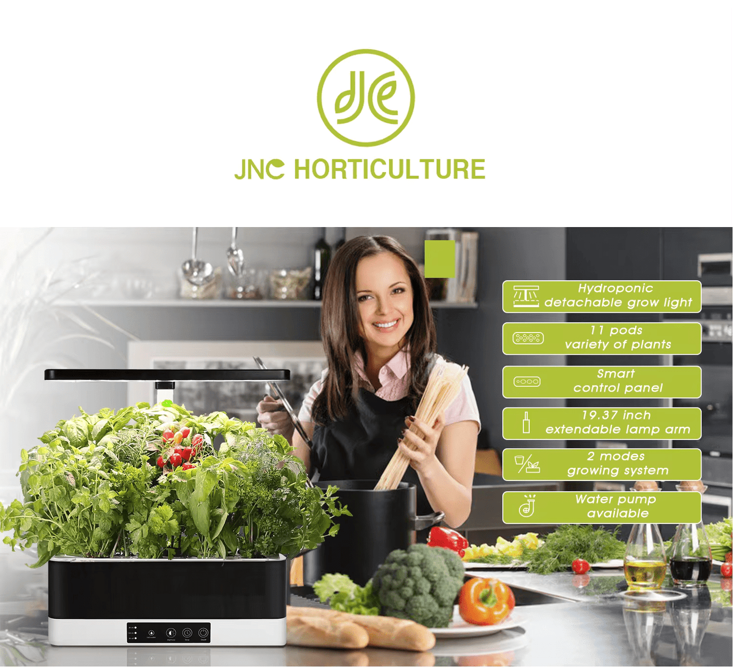 11 Pots Smart Hydroponic System with grow light and control panel in a kitchen setting.