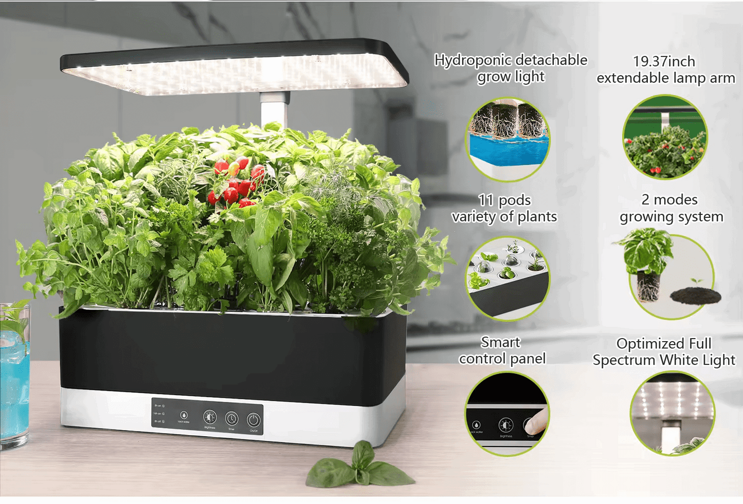 11 Pots Smart Hydroponic System with LED grow light and automated controls for indoor gardening.