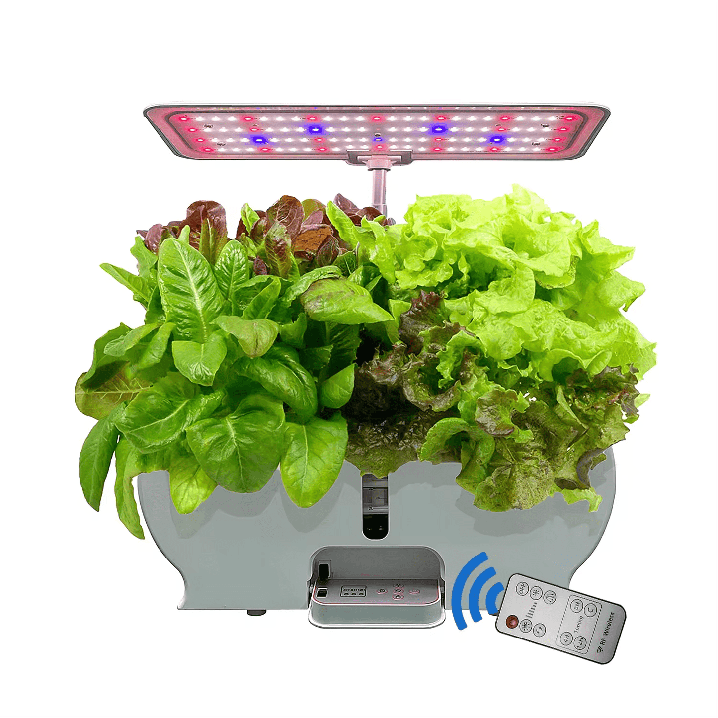 9 pots smart hydroponic system with LED grow light and remote control for indoor gardening.