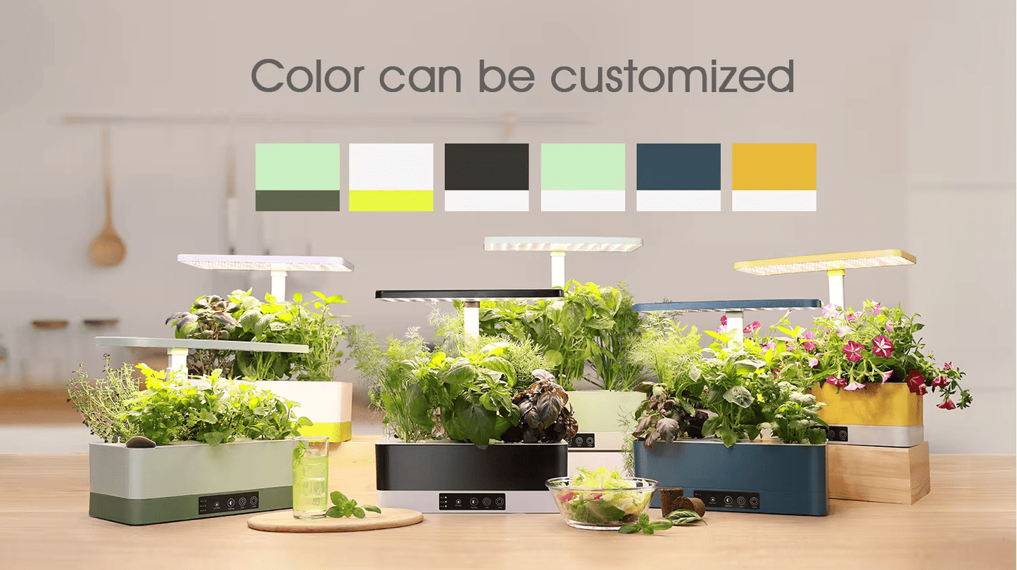 11 Pots Smart Hydroponic System with customizable colors, featuring multiple hydroponic setups for indoor gardening.