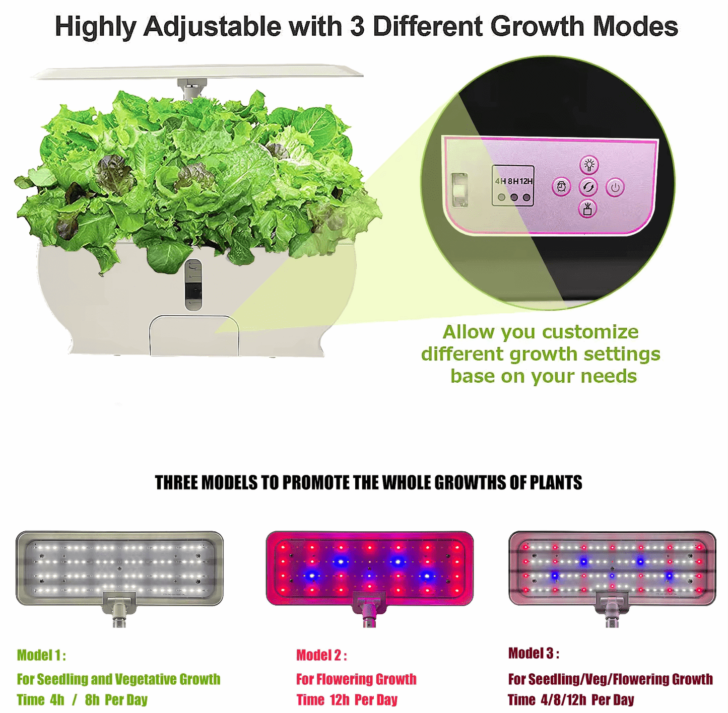 9 Pots Smart hydroponic system with adjustable growth modes and LED lights for indoor gardening.