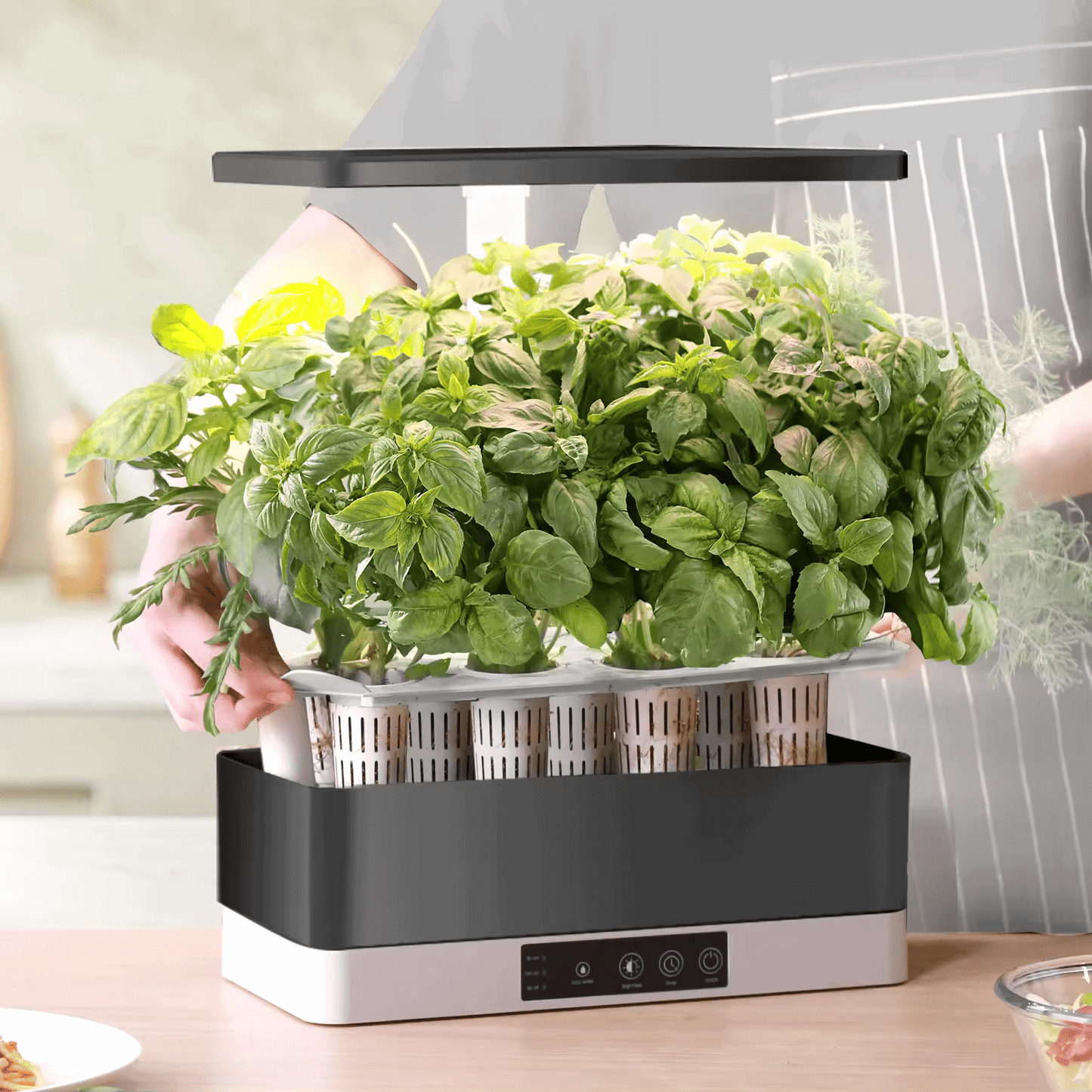 11 Pots Smart Hydroponic System with LED light, growing lush leafy greens indoors.