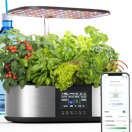 Smart hydroponic system with 21 pots, touch LCD, WiFi, and LED grow light for indoor gardening.